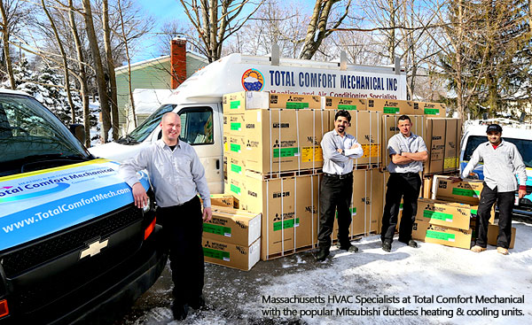 Massachusetts HVAC Specialists at Total Comfort Mechanical with the popular Mitsubishi ductless heating & cooling units.